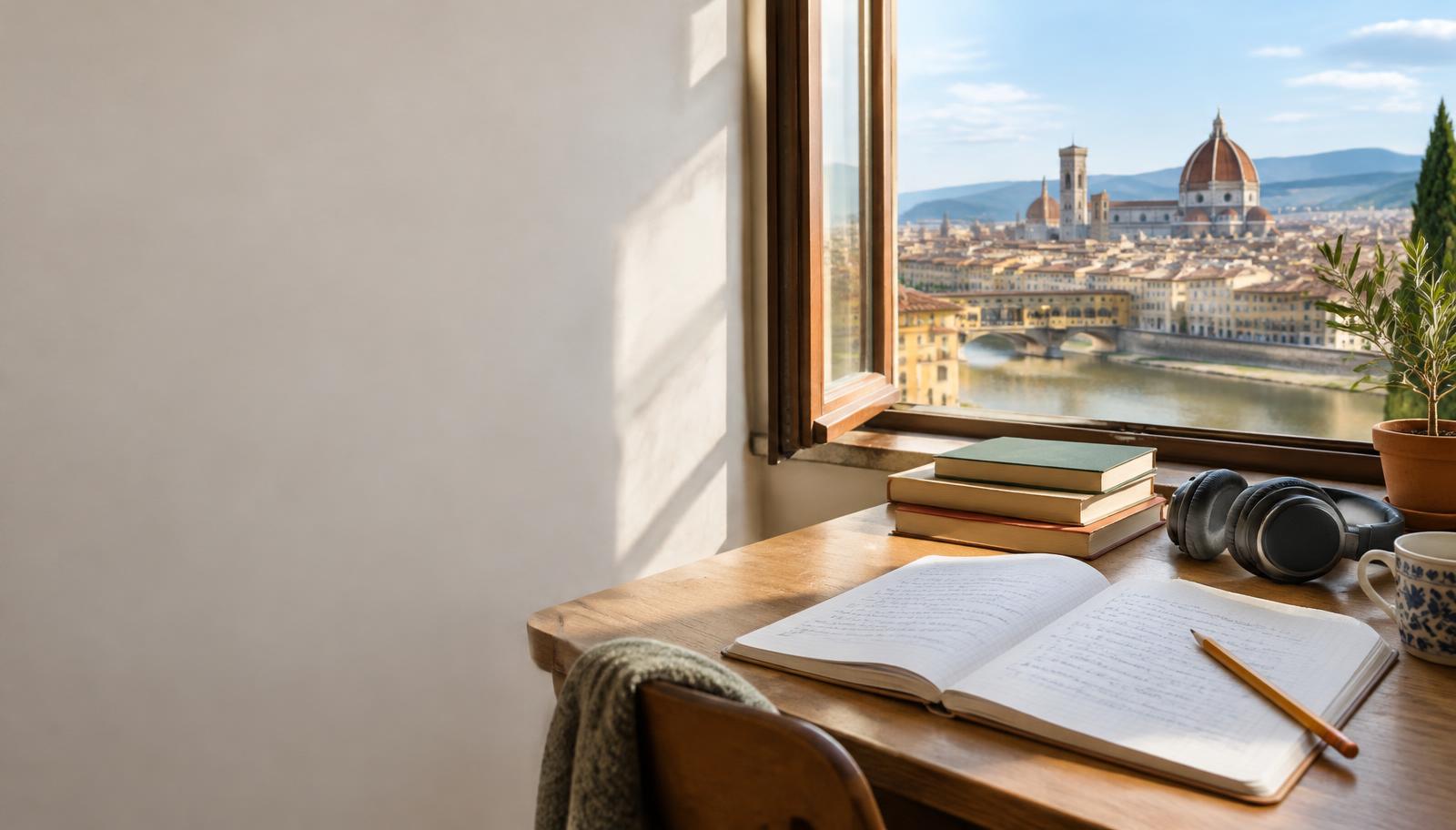 Books, a notebook and headphones on an Italian study desk